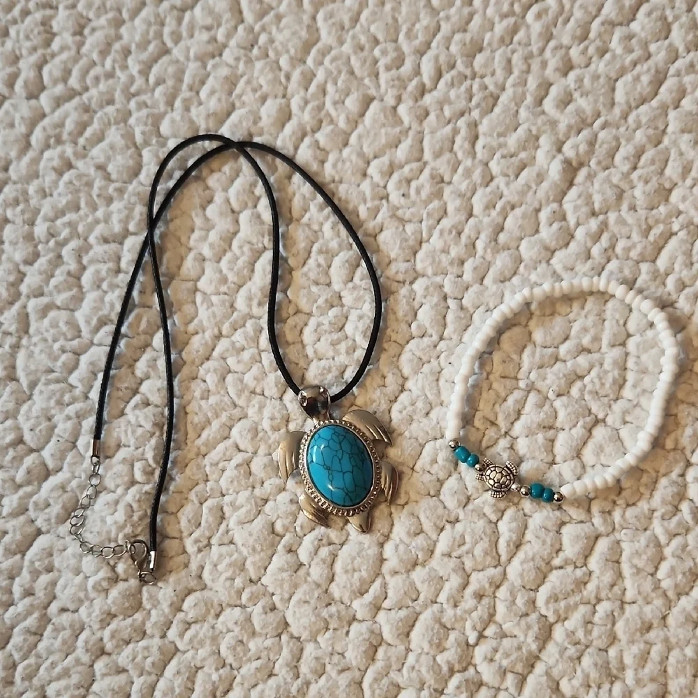 Handmade Silver Turqouise Sea Turtle Necklace Braclete Set Resortwear Nautical